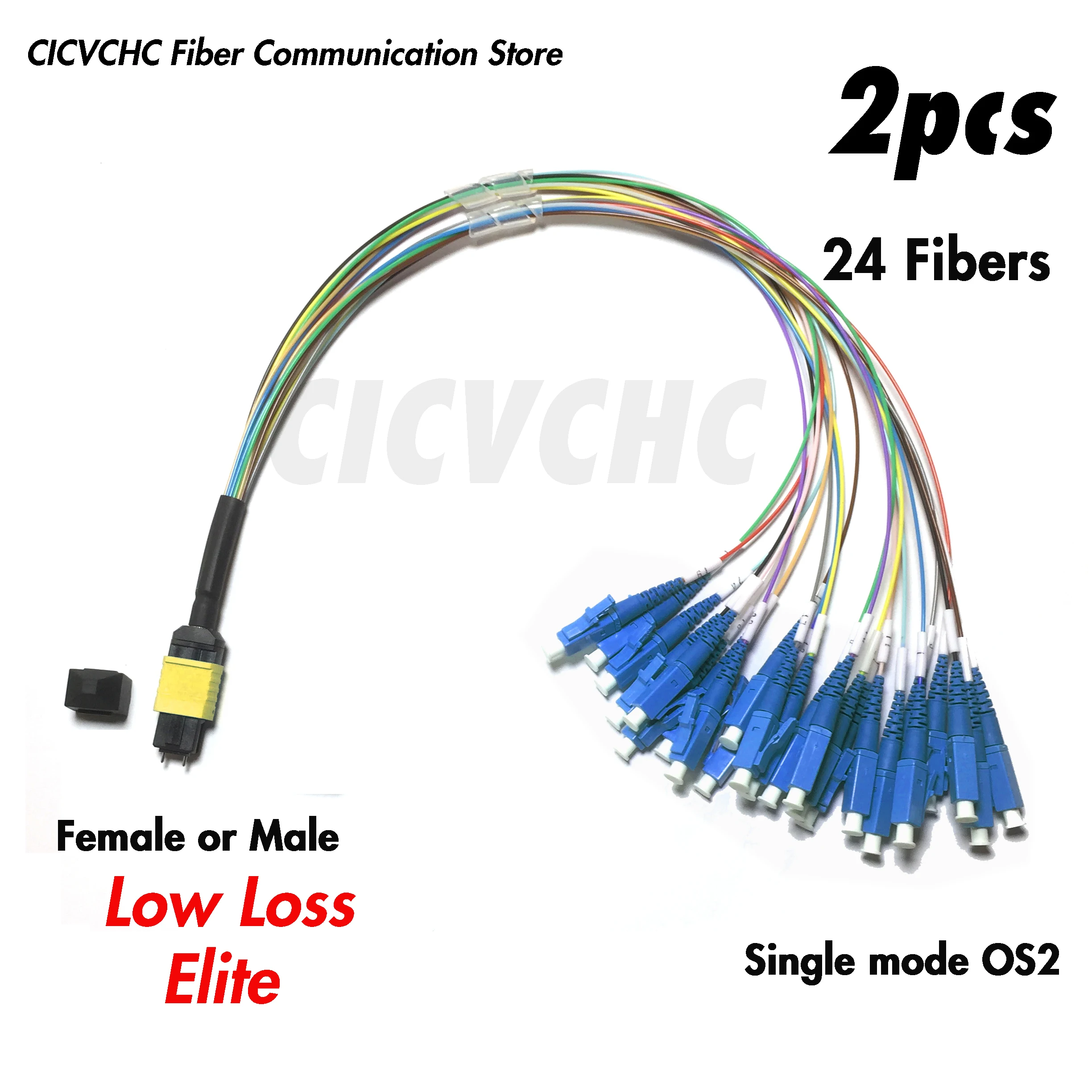 

2pcs 24 Fibers-MPO/APC- LC/UPC-Harness Cable-Elite/Low loss-SM G657A2-Male/Female-0.35m - 0.9mm colored tube