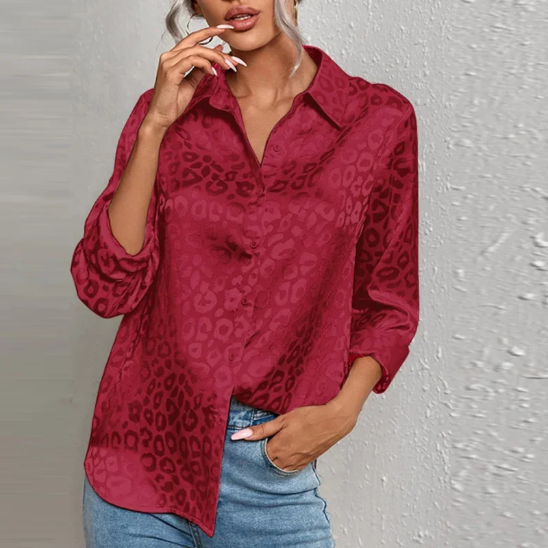 2024 Spring Office Lady Tops Long Sleeve Leopard Jacquard Blouse Turn Down Collar Button Shirt Autumn Fashion Tops Elegant New