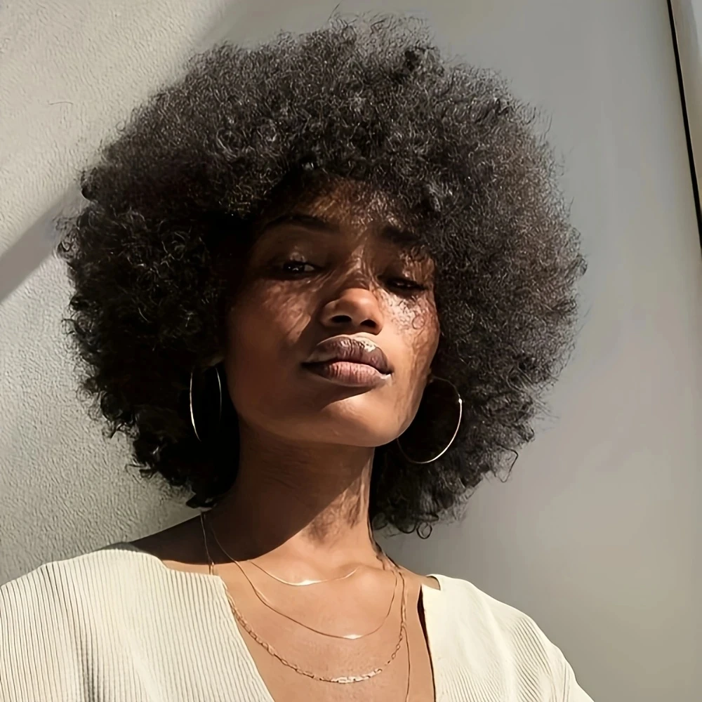 여성용 짧은 곱슬 가발, 풍성한 아프로 인모 가발, 150% 밀도 곱슬 인모 가발, 전체 기계 제작 픽시컷 가발