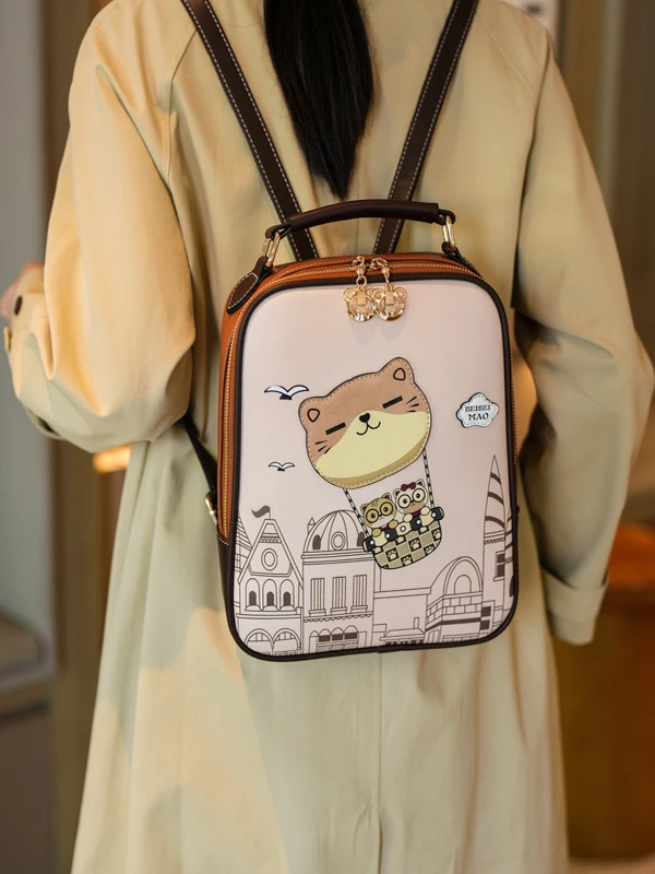 Women's Large Capaci Casual Travel Soft Leather Bapa Bear Cartoon Design Double oulder Bag Nylon  Zipper Closure