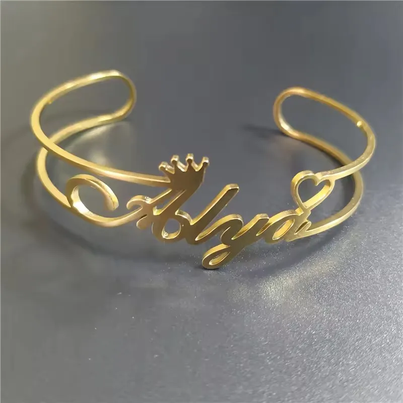 Custom Crown Heart Name Bangles For Women Girl Jewelry Stainless Steel Gold Color Nameplate Bangles Best Gifts For Kids