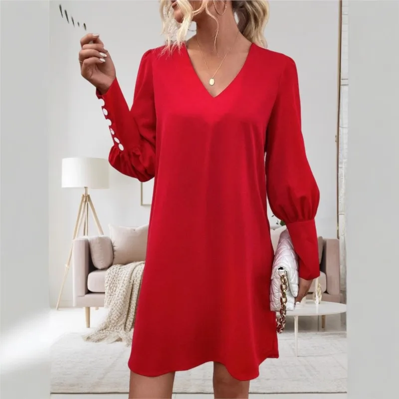 Red Women's Trendy Autumn Mini Dress Solid Color New Item V-neck Waist Cinched Long Sleeved With Buttons A-line Mini Dress 2024