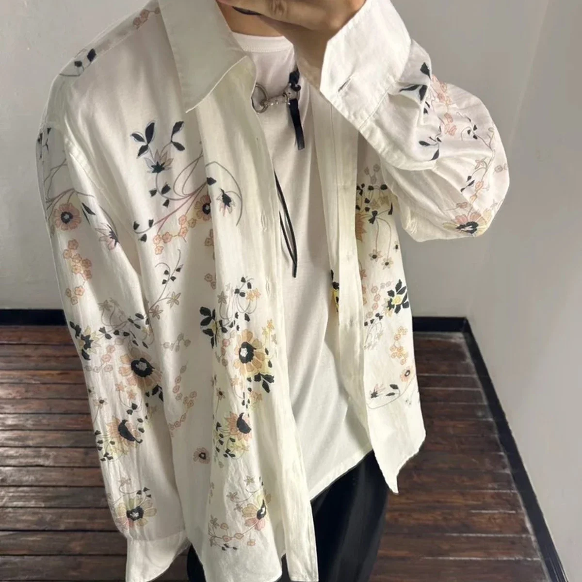 

Streetwear Full Floral Print Silk Long Sleeve Tshirts Men and Women Turn-down Collar Patchwork Fall Blouses Oversize Loose Shirt