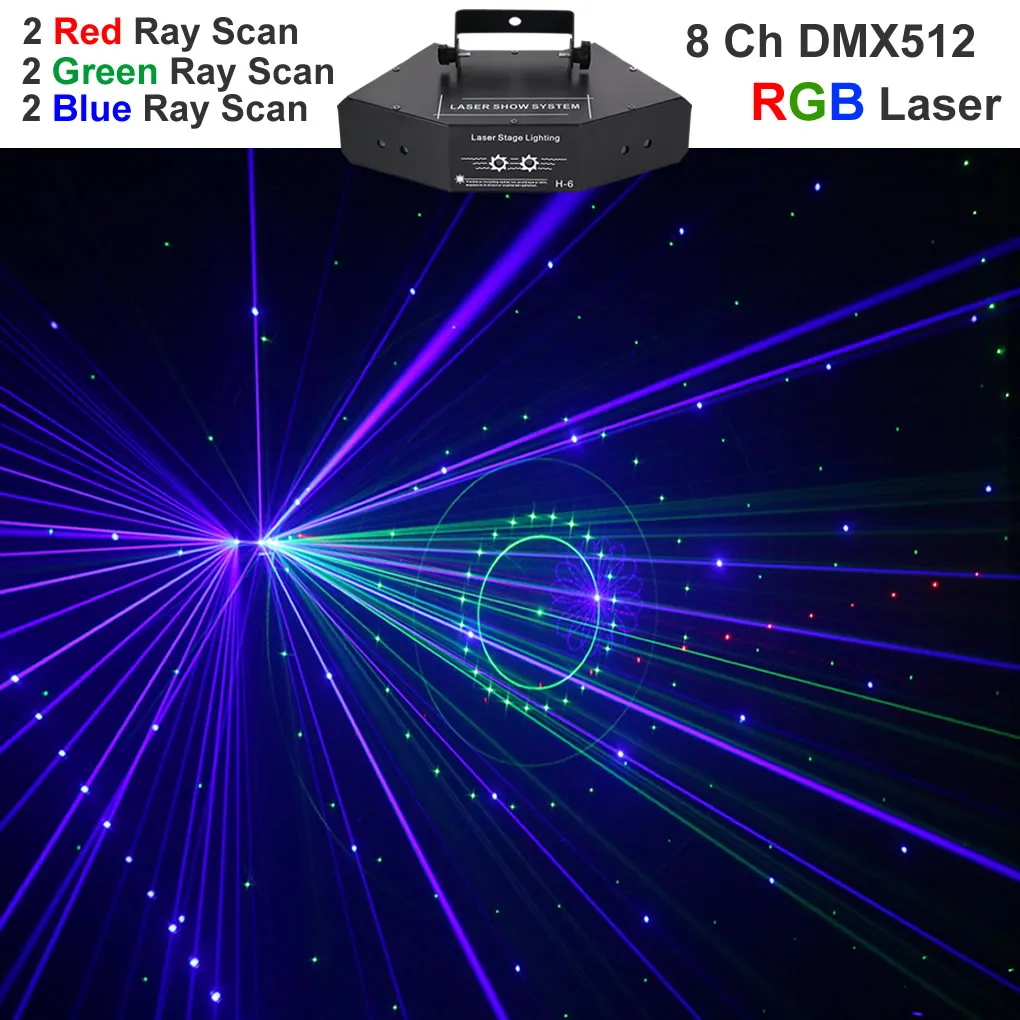 6 Eye DMX RGB 24 Pattern Laser Stage Lighting For Holiday DJ Disco Xmas Bars Home Party Show Moving Ray Projector Beam Lights