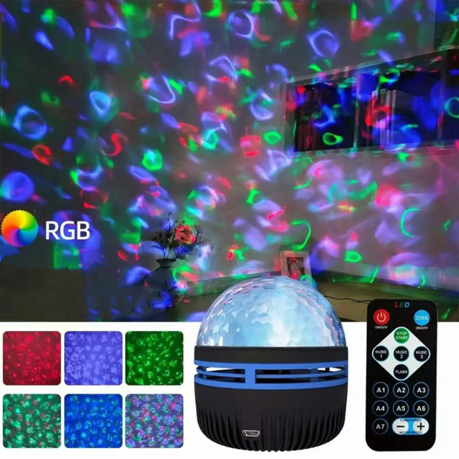 Starry Projector Light With 7 Color Patterns USB Charging Ocean Wave Night Lights  Bedroom Decoration Lamp Christmas Gifts