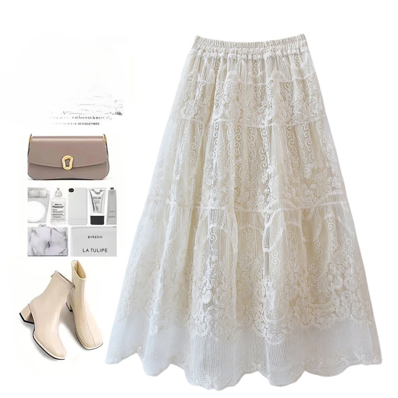 

Elegant Women Lace Mesh Embroidery Midi Tulle Skirt Women Summer Ladies Casual High Waist All-match Long Skirt Female Skirt Q938