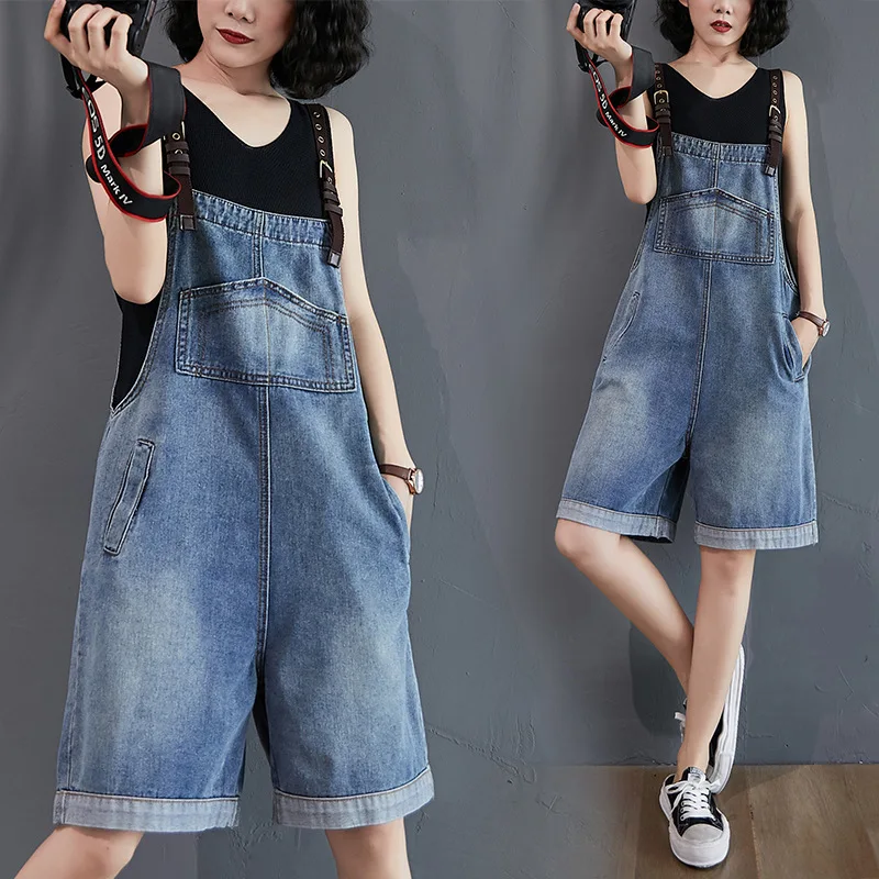 

Vintage Denim Jumpsuit Shorts 2023 Summer Casual Wide Leg Straight Suspender Jeans Women Loose Shorts Playsuit