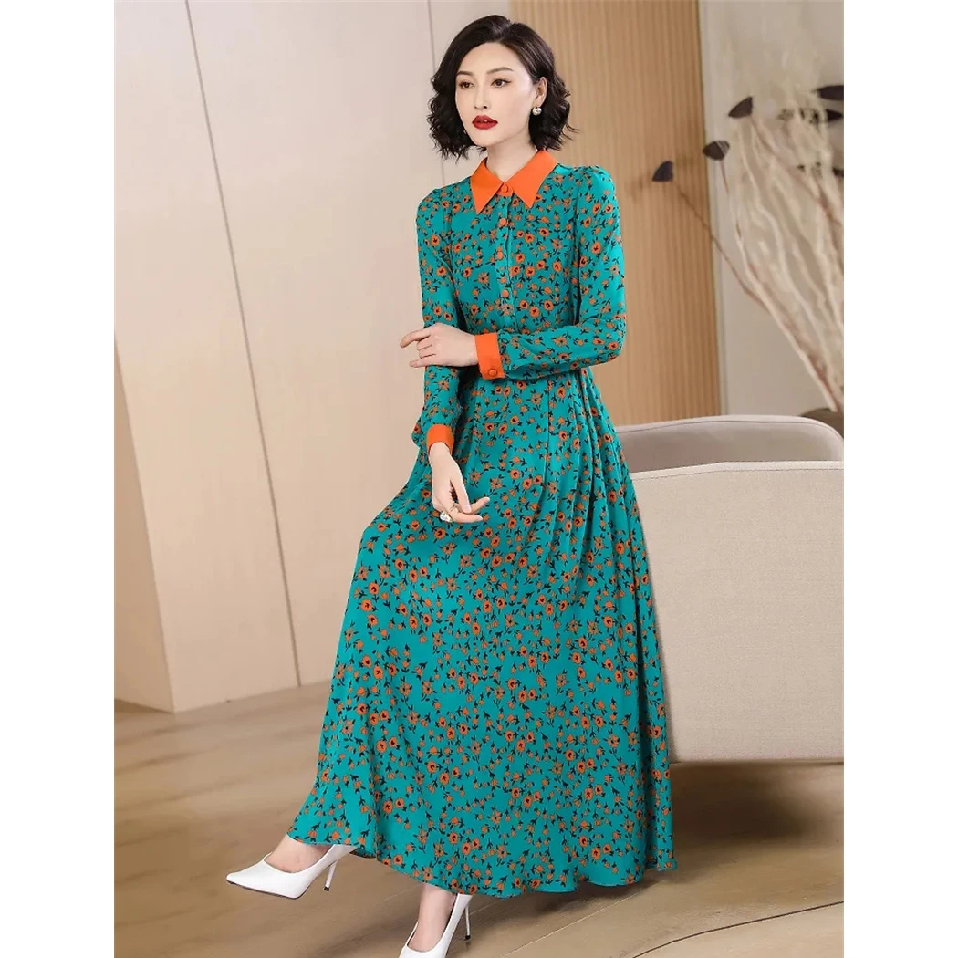 Novedad de verano, vestido floral verde, moda temperamento, ajustado, largo, dulce vestido de gasa, Vestidos estampados de manga larga para primavera para mujer