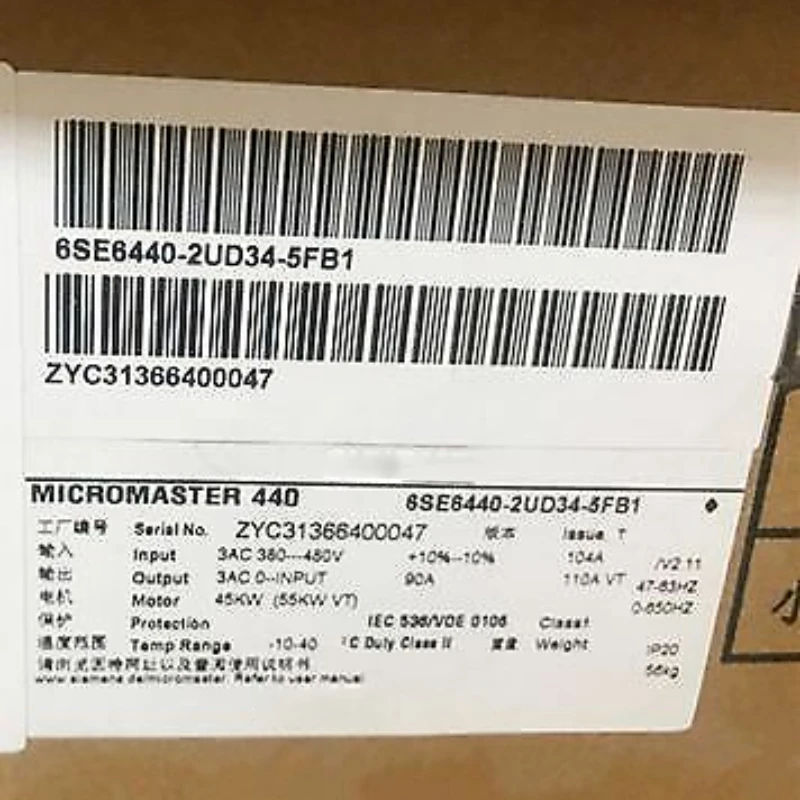 NEW 6SE6440-2UD34-5FB1 MICROMASTER 440 Constant Torque 45kW Overload 150% 60S 6SE6 440-2UD34-5FB1