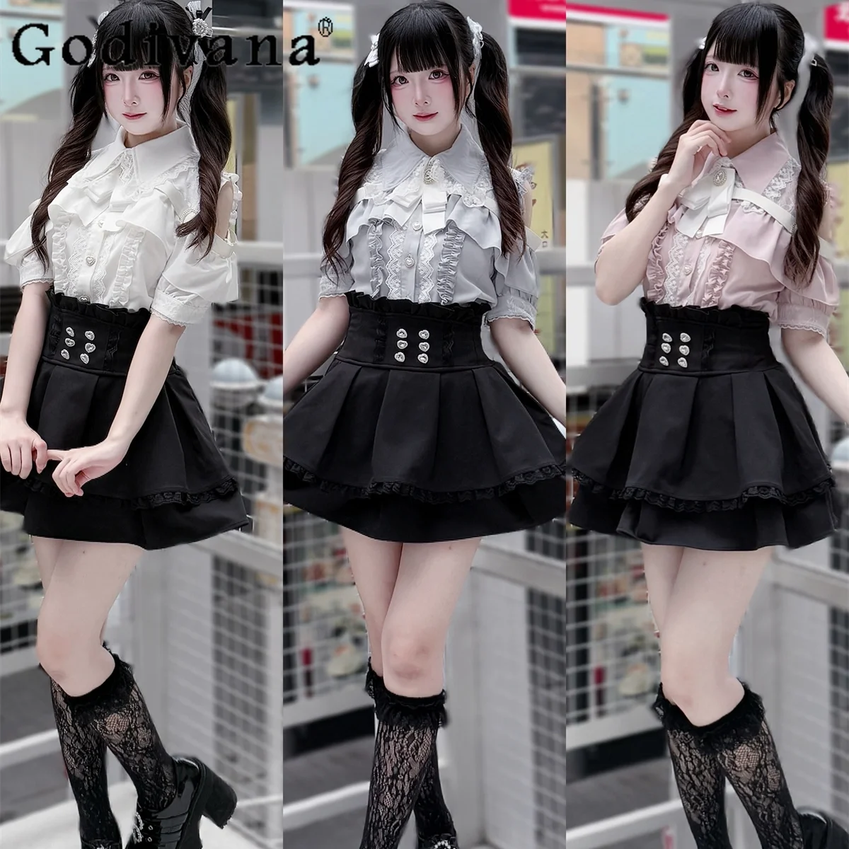 

Original Japanese Mass-Produced Mine Shirt Skirt Set Summer Sweet Cute Lace Off-Shoulder Lolita Shirt High-Waisted Mini Skirts