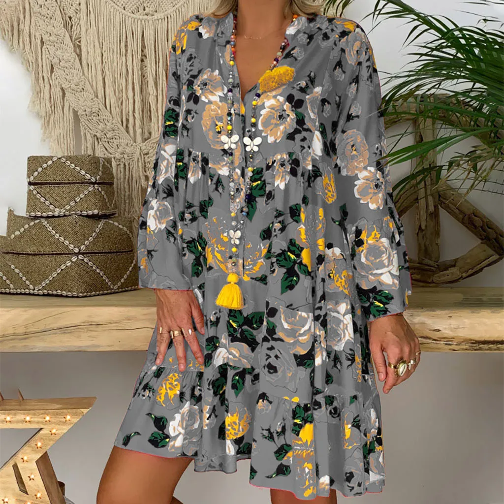 Sukienka Boho eleganckie seksowne sukienki Vestidos kobiety luźny kwiatowy Print z długim rękawem dekolt w serek guziki sukienki imprezowe