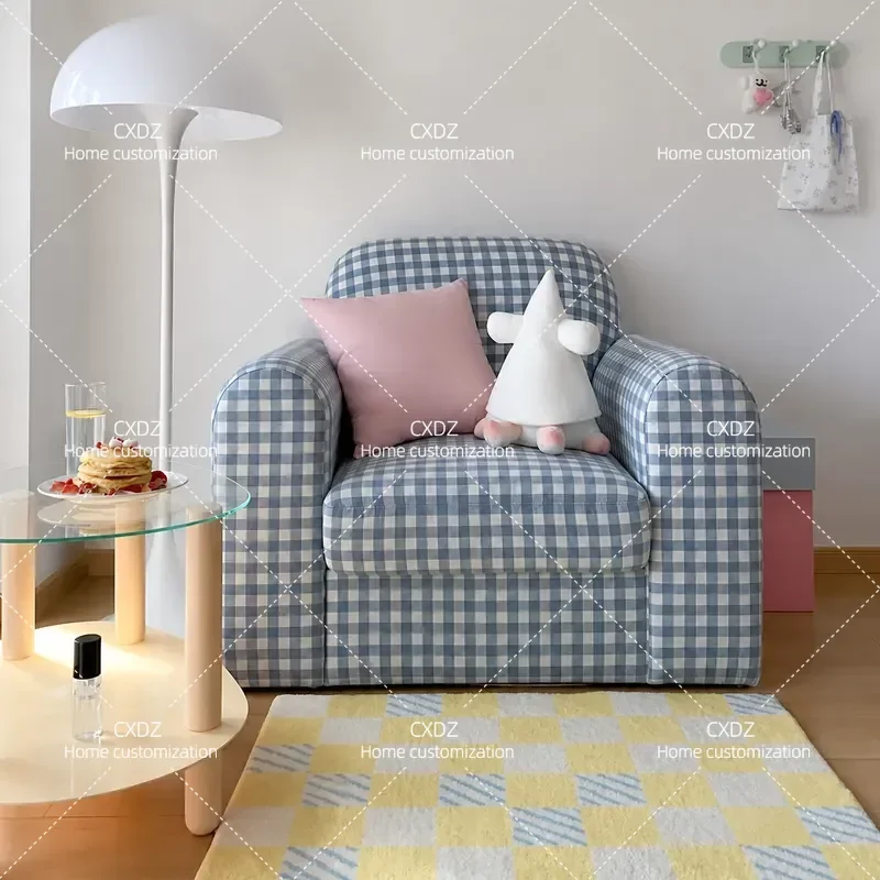 Retro Blue and White Plaid Sofa Casual Single Chair Cream Style Photography Prop Live Stream B&B Furniture Comfortable