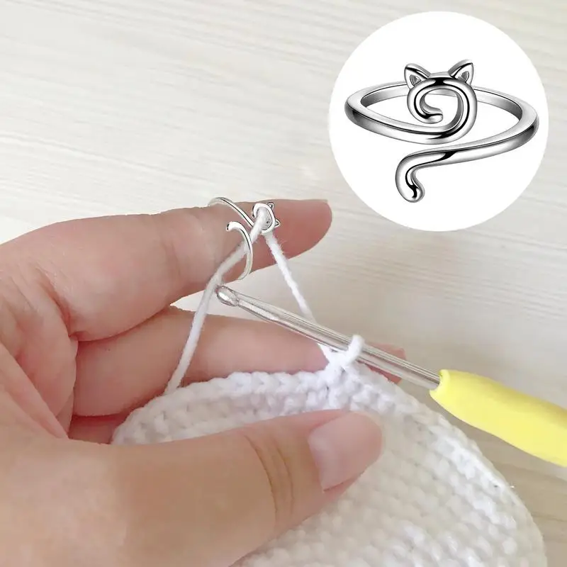 Adjustable Size Yarn Ring Cat Ears Crochet Ring Beginner Knitting Crocheting Loop Thread Wrapped Rings Tension Regulator Tool