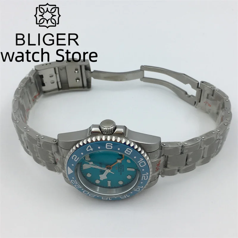 Bliger40mm silver case Sky blue luminous dial Men\'s Watch Arch glass NH34 gmt Automatic Date Window 904L bracelet Ceramic beze