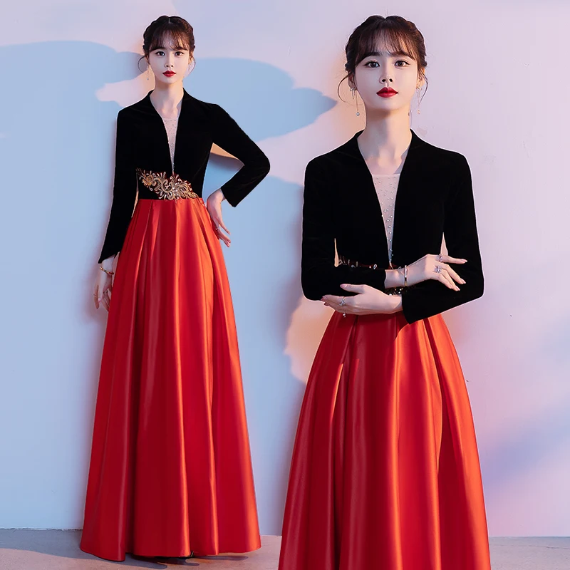 

Красный сценический костюм для выступлений, женский, современный, для хора, в корейском стиле, с бисером, с завышенной талией, длинный рукав, в пол