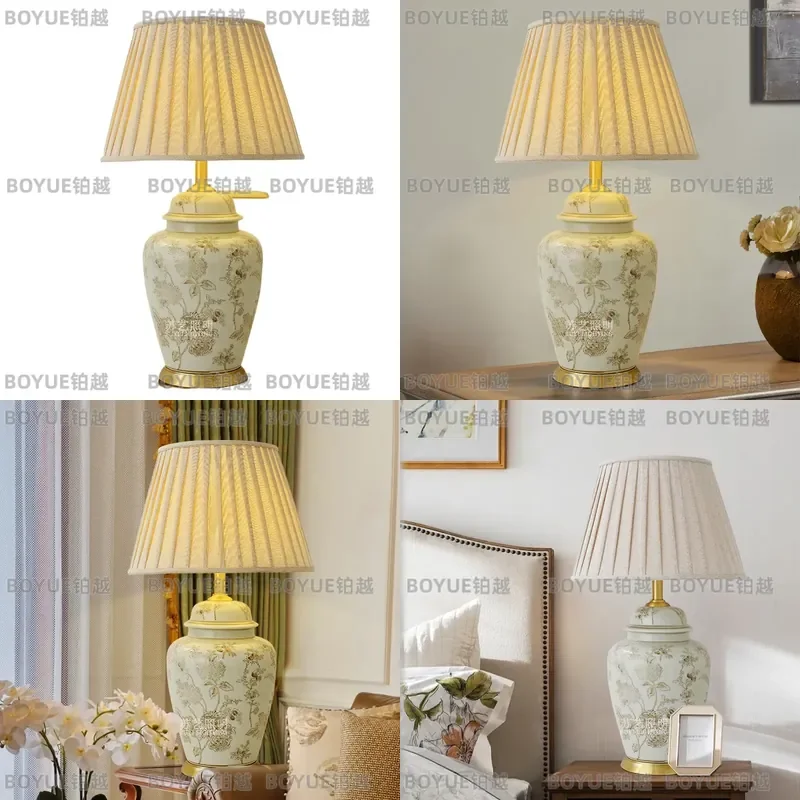 All Copper Ceramic Table Lamp Warm Light Bedside Night Light American European Style Classical Decorative Art for Living Room