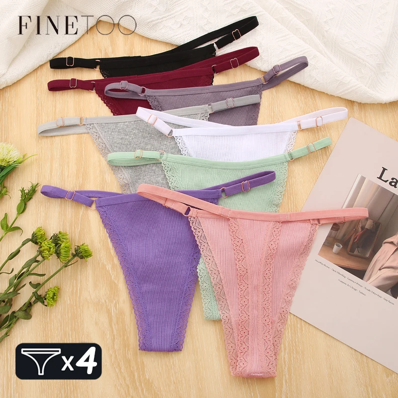 FINETOO 4Pcs/set Women Cotton Thongs Adjustable Waistband Underwear Low-Rise Sexy G-string Panties Ladies Soft Bikini Underpants