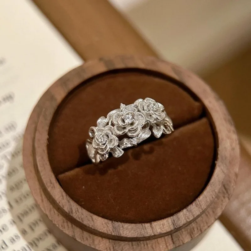 خاتم وردي جديد من الفضة المصقولة من القرون الوسطى، خاتم أنثوي خفيف فاخر عالي الإحساس، تصميم متخصص قابل للتعديل