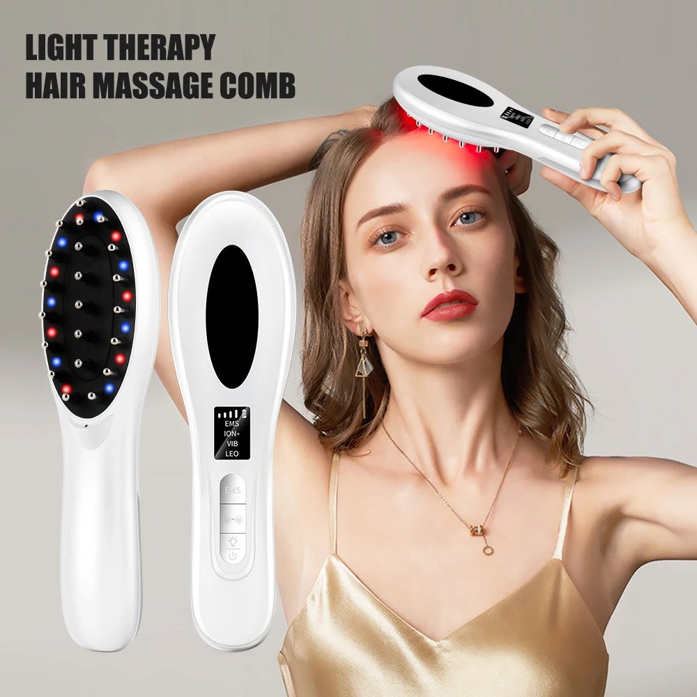 

EMS Electric Massage Comb Vibration LED Red Blue Light Therapy Hair Massage Scalp Brush for Hair Growth Negative Ion Hair Care