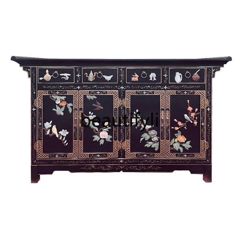 New Chinese-style bone stone four doors and four pumps simple entrance cabinet storage solid wood wine cabinet