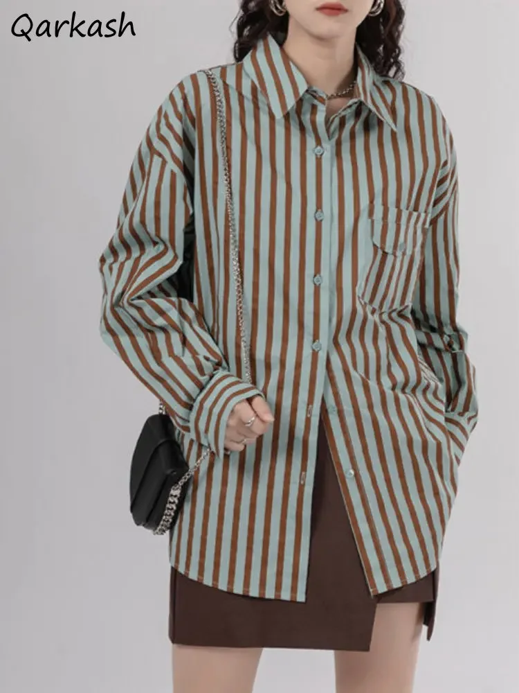 

Shirts Women Autumn Striped Baggy Panelled Design Korean Style Fashion Chic Casual Simple All-match Students High Street Camisa