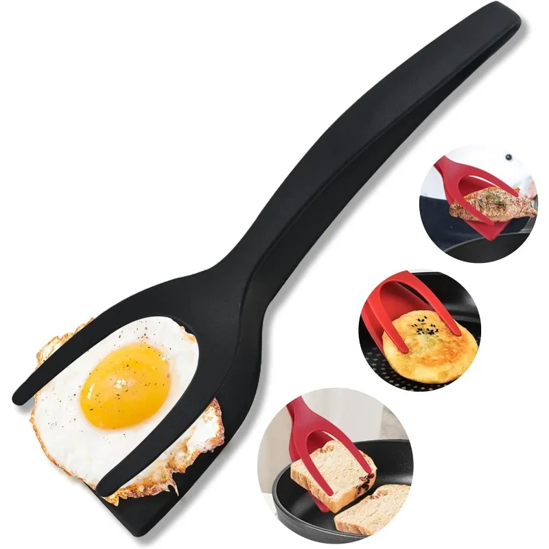 2 in 1 Spatula and Tongs for Coking Turne,Egg Omelette Spatula Flipper Combo Thin Head,Useful Kitchen Accessories (Black)