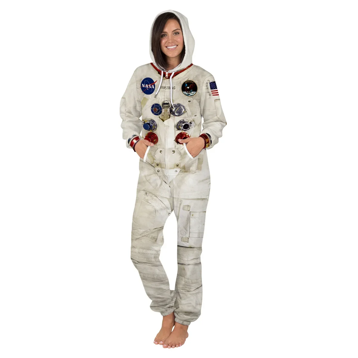 Adult Autumn Winter Women Hooded Jumpsuit Space Universe Astronaut 3D Digital Printing Long Sleeve Casual Unisex Thick Jumpsuit