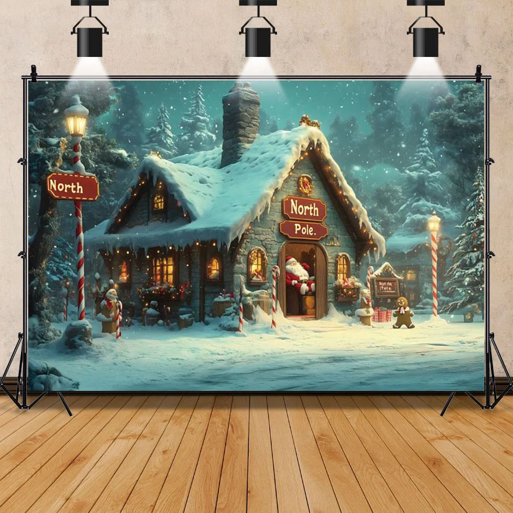 Weihnachten Fotografie Hintergrund Nordpol Candy Cane Stadt Märchen Hintergrund Santa Claus Geschenk Kind Winter Outdoor Photocall