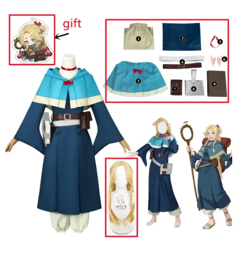 

Anime Delicious in Dungeon Marcille Donato Cosplay Costume Wig Dress Uniform Bag Elven Mage Laios' Party Halloween Costume Women