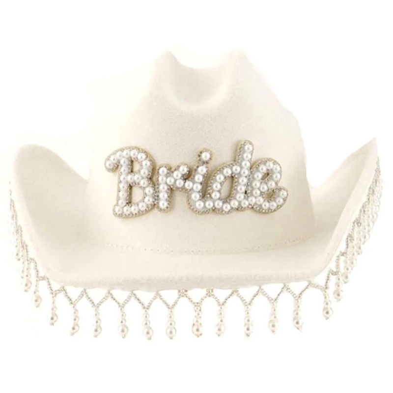 Fringed Cowboy Hat for Bridal Bridesmaids Artificial Pearl Cowboy Hat Role Play Costume Halloween Headwear Party Supply