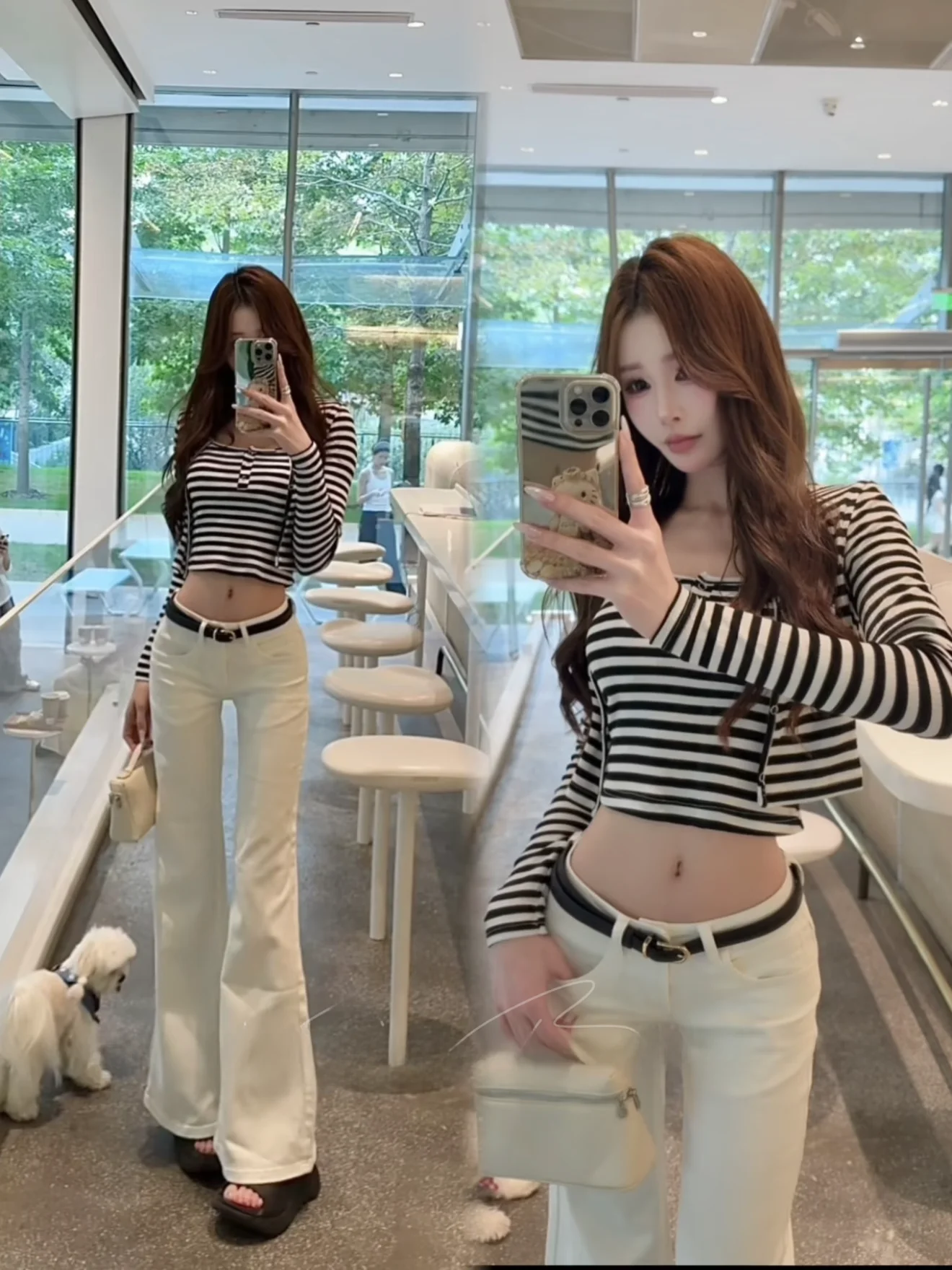 

Sexy Slimming Stripe ter Ne Open Cardigan Vest Set Low Waist Flared Jeans Women Faion Set Autumn Season Adult Women