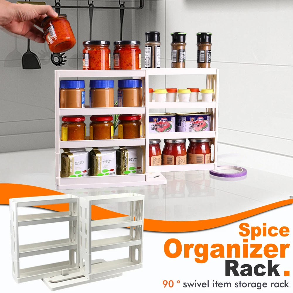 

spice storage rack,90 degree swivel item storage rack, countertop 3 tier storage rack,small storage and organizer rack