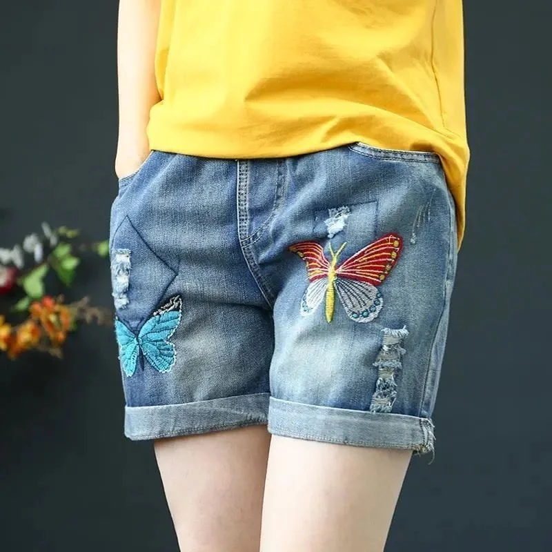 Women\'s Loose Elastic Waist Embroidered Denim Shorts Summer Slim Casual Hole Straight Short Jeans For Women Harajuku Bottom