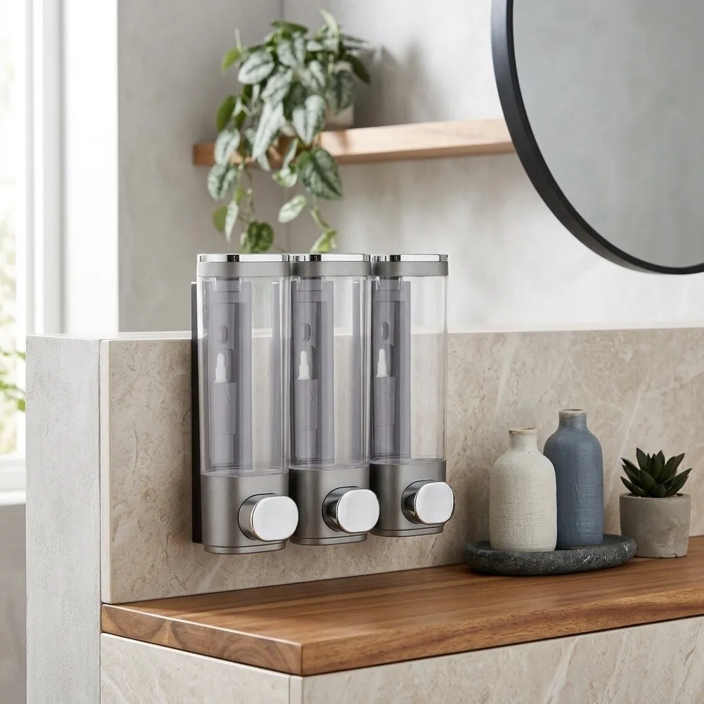 Silver 3 Chamber Soap Dispenser Mess-free Containment Daily Use Durability Drop-resistant ABS Plastic For Family Bathing Routine