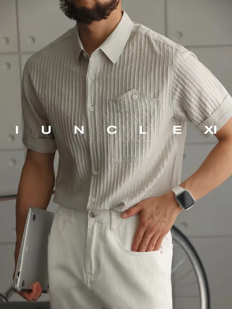 

Summer New Large Size Men's Busin irt Micro Wrinkle Bubble Texture Vaion Lightweight ort Sve Collared irt