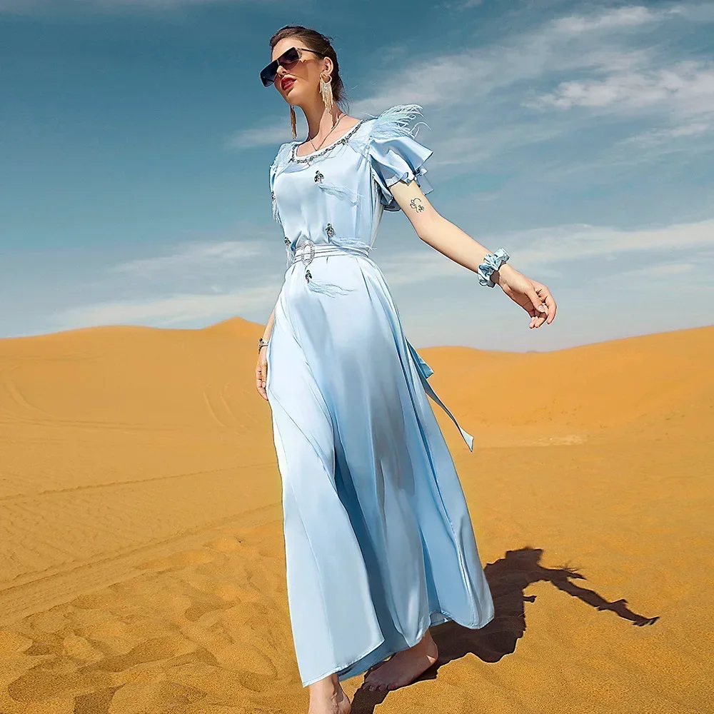 

Luxury Muslim Women Diamonds Maxi Dress Dubai Abaya Eid Mubarak Evening Party Gown Turkey Kaftan Satin Robe Fashion Feather Gown