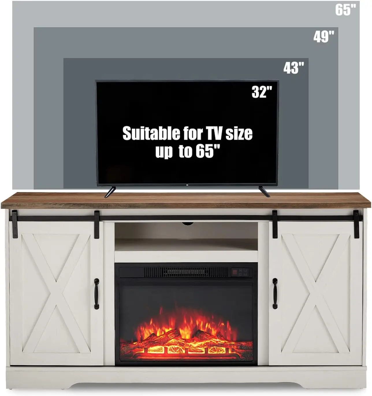 Soporte para TV con puerta corrediza de granero para televisores de hasta 65", centro de entretenimiento con chimenea de 59" de granja con gabinetes de almacenamiento/ajustable