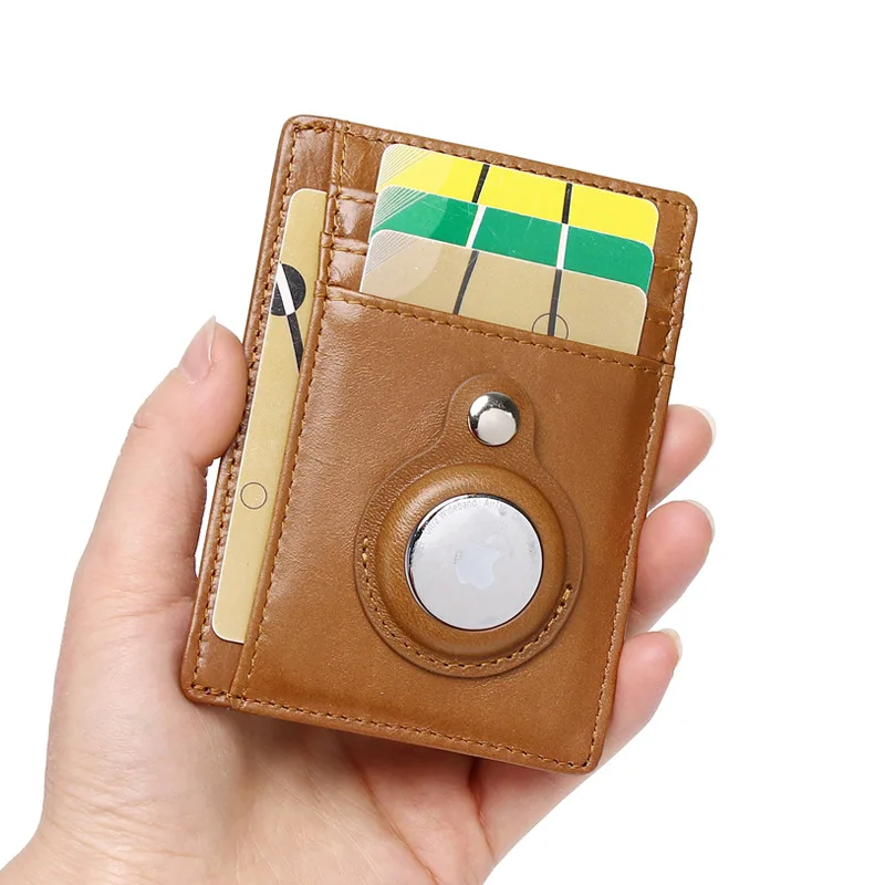 

Leather anti-theft brush credit card cover Apple airtag tracking positioning protective cover Cowhide card bag retro fashion sim