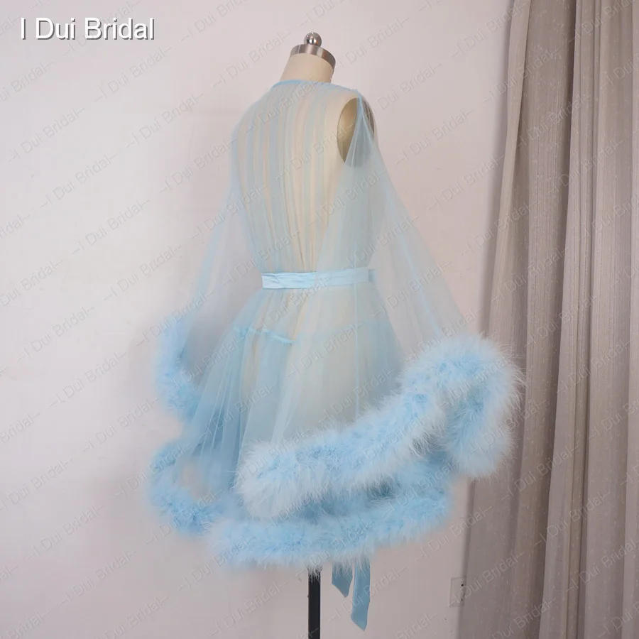 Extra Puffy Short Marabou Feather Robe Boudoir Sheer Tulle Illusion Birthday Lingerie Set