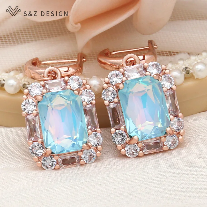 S&Z DESIGN New Fashion Rectangle Crystal Dangle Earrings For Women 585 Rose Gold Color Wedding Jewelry Cubic Zirconia Eardrop