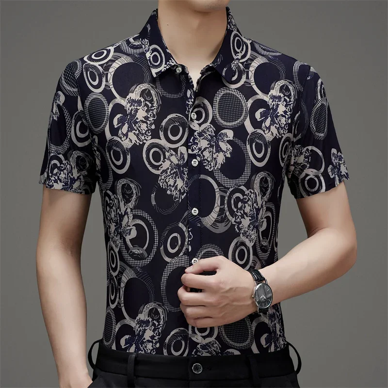 

Summer New Ice Silk Short Sleeve Flower Shirt Non Iron Casual Shirt for Men