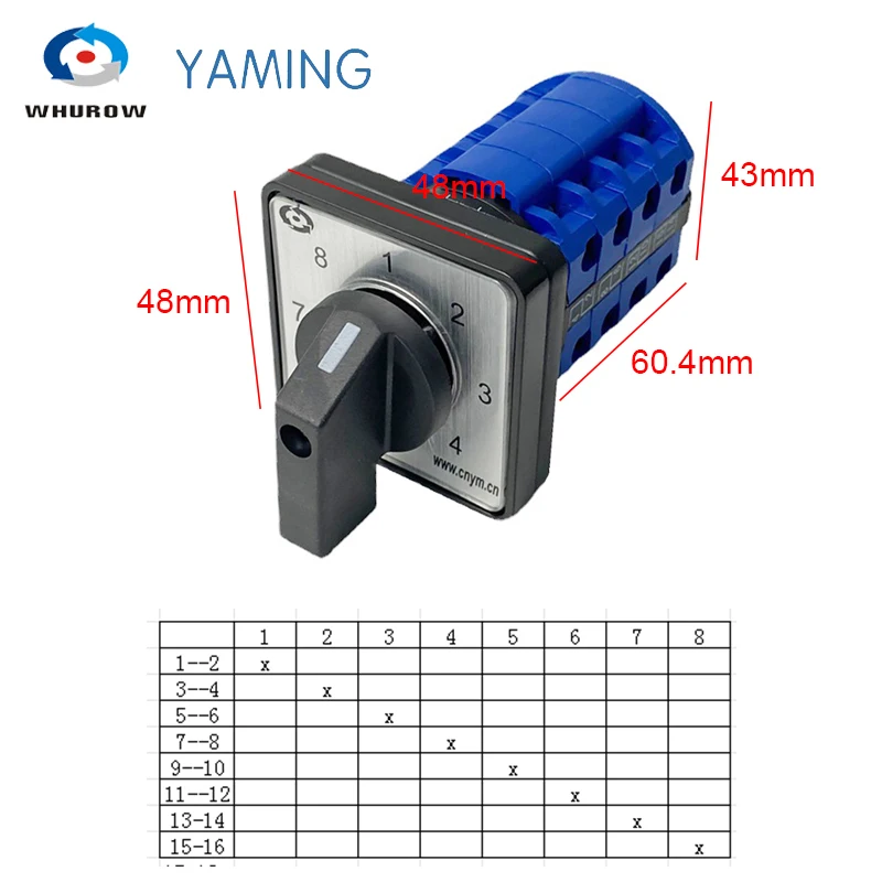 Yaming Electric LW39B-16/4 Changeover Rotary Cam Switch 690V 16A 4 Poles 8 Position 16 Terminals Control Motor LW26