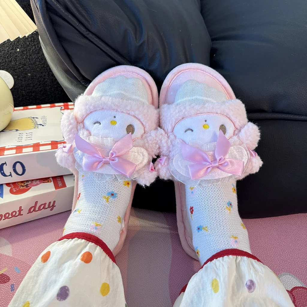 Cartoon My Melody Slippers Women My Sweet Piano Indoor Kawaii Warm Plush Home Slippers Girl Open-Toe Flat Heel Non-slip