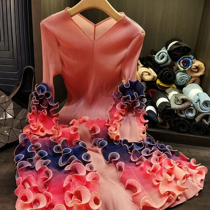 ANLAN Fashion V-neck Folded Dress For Women 2025 New High Quality Design Colorful Stringy Selvedge Printing Pleated Dresses