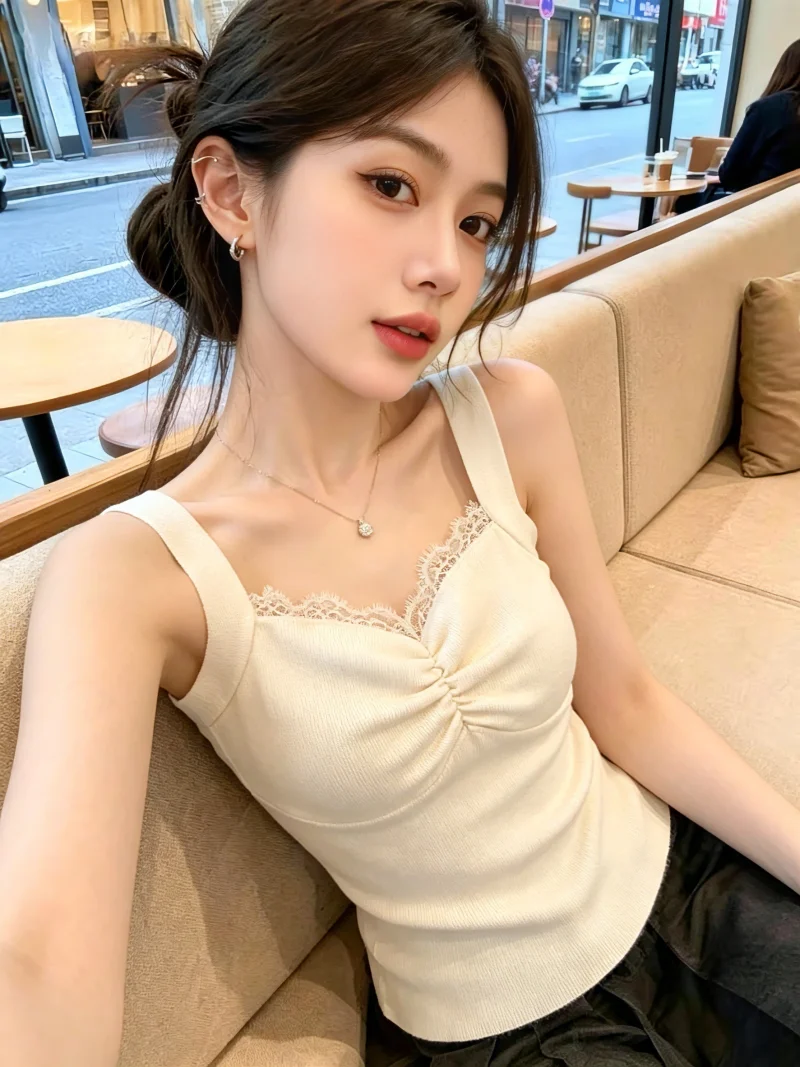 

Sweet And Spicy Lace Trim Camisole Tank Top Women's Slim Fit Short Style Backless Summer New Arrival Self Kept Korean Style