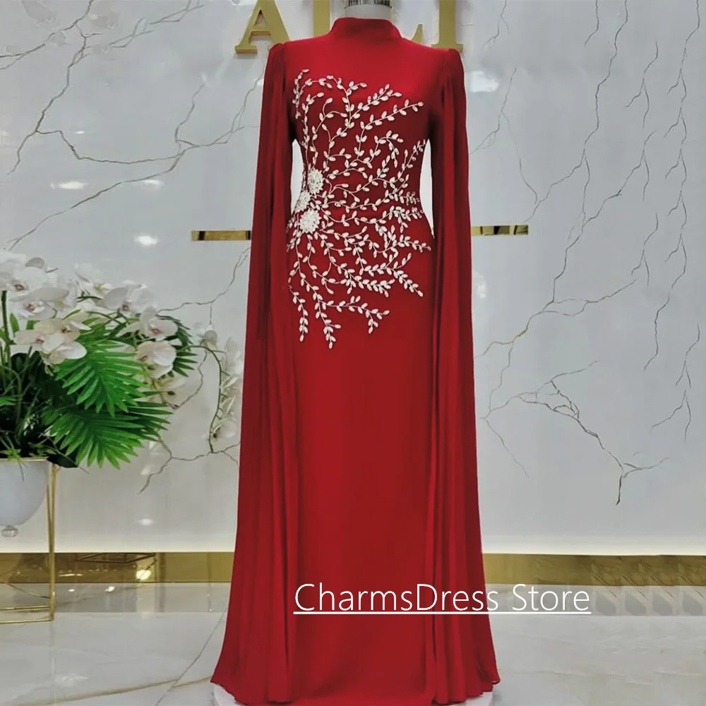 Klasyczna suknia wieczorowa z peleryną, szyta na miarę, długie rękawy, okrągły dekolt, srebrne kryształy, długość do podłogi, skromna arabska suknia na bal maturalny.