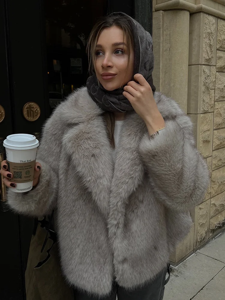 Damski zimowy płaszcz z pluszu, ciepły, casualowy, z wykładanym kołnierzem, gruby, vintage, z długim rękawem, krótki płaszcz wierzchni, modny płaszcz damski.