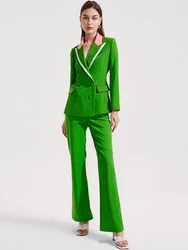 Tenues femmes herbe vert pantalon costume coupe ajustée pantalon évasé + Blazer tenues vêtements d'affaires formels Blazer veste costume deux pièces ensembles