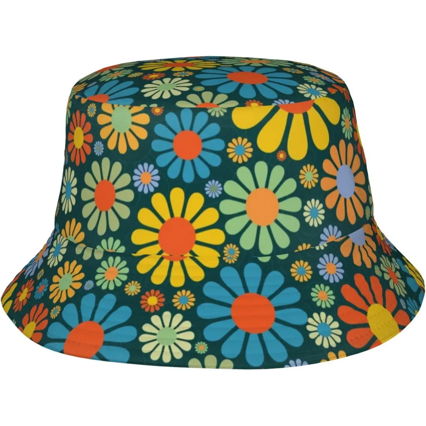 Retro Groovy Flower Print Bucket Hat 70s Floral Pattern Sun Hat For Men Women Summer Beach Outdoor UPF Protection Cap