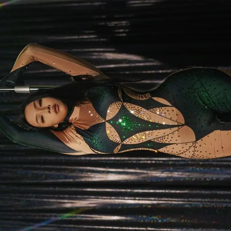 

Green Diamond rhinestone Jumpsuit Gloves Sexy Performance Singer Dancer Show Stage club Party Birthday Wear Costumes spandex